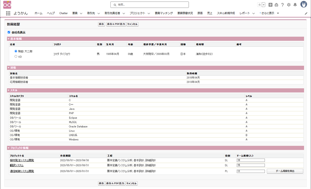 経歴確認と技術経歴書作成画面