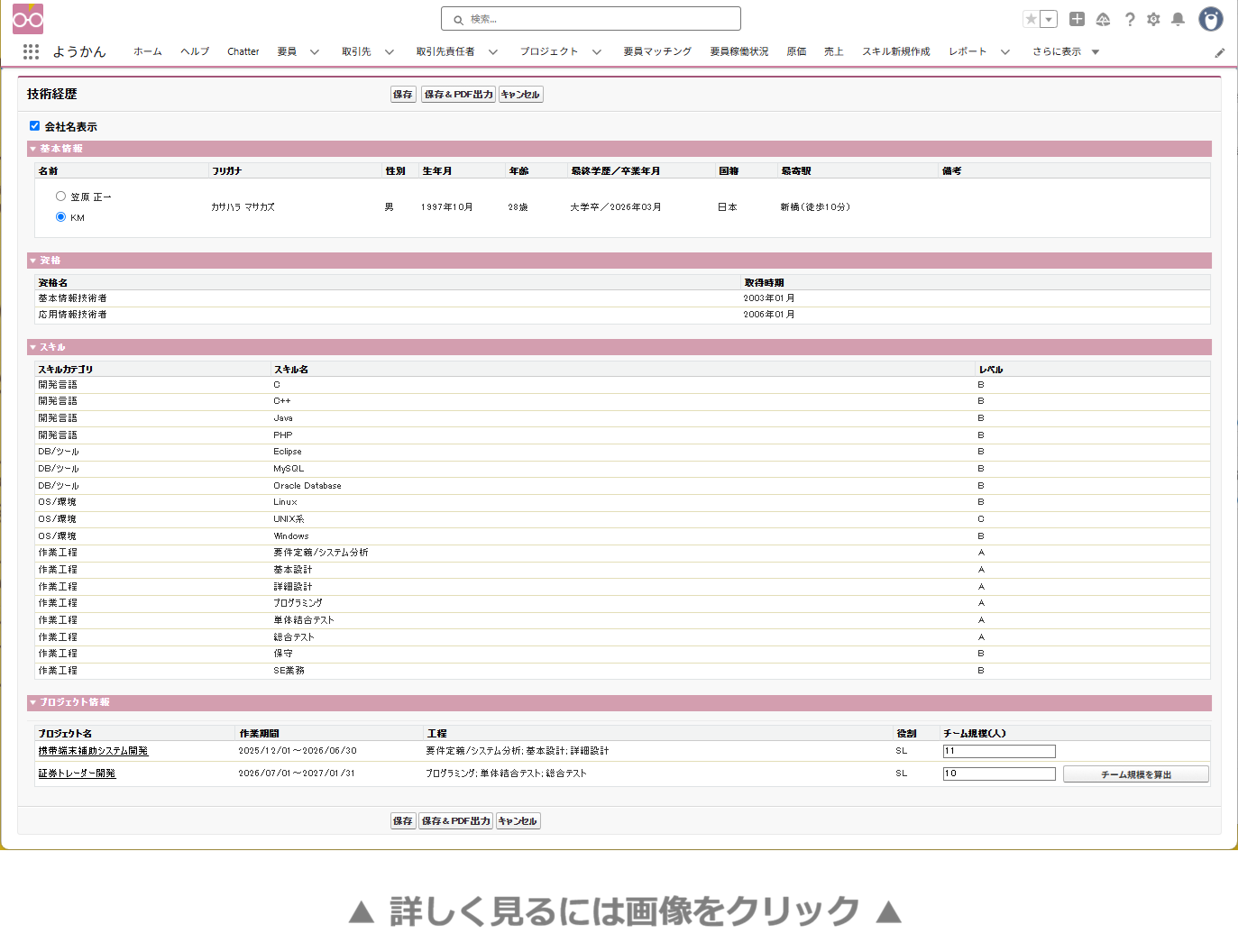 技術経歴書作成画面